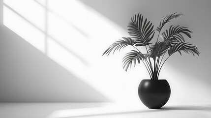 Poster - A monstera plant in a black pot on a white background, front view, white wall, natural lighting