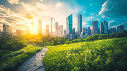 Poster - A modern urban cityscape showcasing green sustainable development and strategic esg planning, highlighting eco-friendly infrastructure, renewable energy sources, and innovative urban design