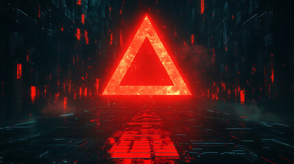 Fototapete - A red exclamation mark on a digital screen background an abstract concept of security and cyber attack is depicted with a red triangle frame icon of a broken or attacked computer network