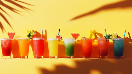 Poster - A row of summer tropical holiday cocktails on a bright background with hard directional sun shadow