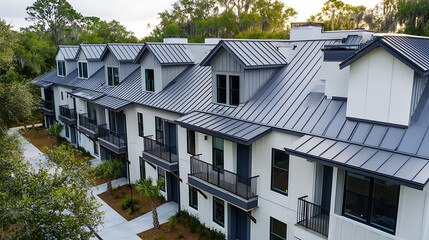 Fototapete - A row of modern townhouses with gray metal roofs and white walls, each house has an exterior balcony on the second floor