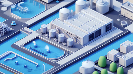 Aufkleber - A set of modern illustrations showing isometric industrial factory buildings, warehouses, water purification systems