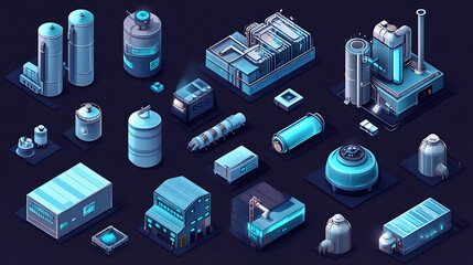 Leinwandbilder - A set of modern illustrations showing isometric industrial factory buildings, warehouses, water purification systems