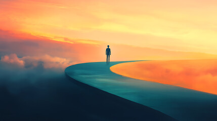 Poster - a solitary figure standing on a winding path shaped like an upward arrow, symbolizing career growth,