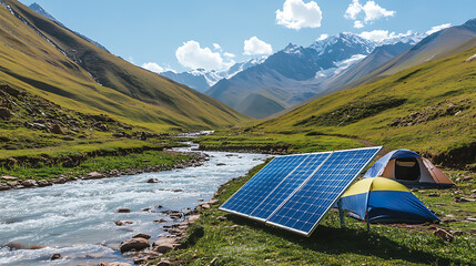 Aufkleber - A solar panel beside a river in a picturesque mountain setting with tents nearby, symbolizing eco-friendly and sustainable camping solutions