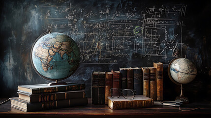 Poster - A stack of books with a globe in front of a chalkboard filled with mathematical equations, symbolizing the intersection of geography and mathematics
