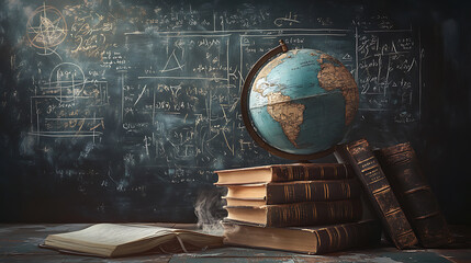 Poster - A stack of books with a globe in front of a chalkboard filled with mathematical equations, symbolizing the intersection of geography and mathematics