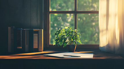 Poster - A vacant desk with a springtime window and a green plant
