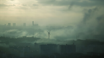 Poster - A wind turbine farm against a backdrop of smog-filled skies, representing the transition to renewable energy as a solution to mitigate climate change, climate change