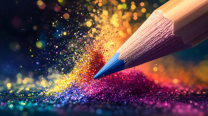 Poster - abstract art concept: vibrant colors and glitters exploding from a colored pencil, representing crea