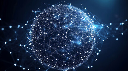 Poster - Abstract black and white low poly network grid on sphere with dots and lines, technology background big data connection concept, digital wallpaper design