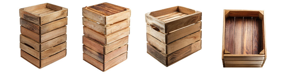 Wall Mural - Stack of wooden storage crates in different perspectives isolated on transparent background