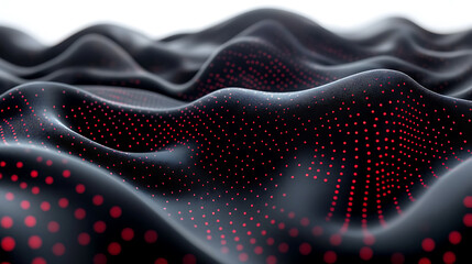 Poster - Abstract black dark background with red dots and lines, creating a wave pattern on the surface of mountains, 3d rendering, white background, high resolution