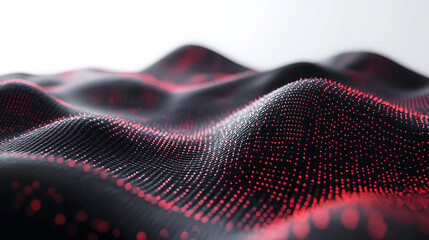 Poster - Abstract black dark background with red dots and lines, creating a wave pattern on the surface of mountains, 3d rendering, white background, high resolution