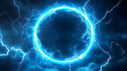 Fototapete - Abstract blue neon light background with a glowing circular frame and thunder glow effect