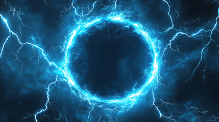Fototapete - Abstract blue neon light background with a glowing circular frame and thunder glow effect