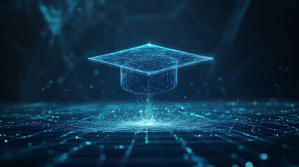 Wall Mural - Abstract digital art of an open graduation cap made from glowing lines and dots, floating above a network grid on a dark blue background, power to shape your future through education