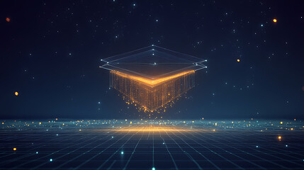 Aufkleber - Abstract digital art of an open graduation cap made from glowing lines and dots, floating above a network grid on a dark blue background, power to shape your future through education