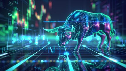 Wall Mural - neon image of a stock market bull