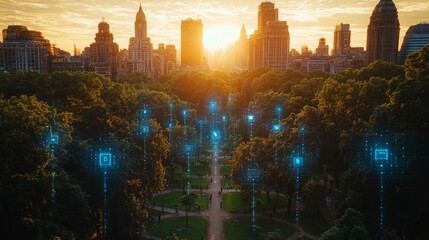 Poster - Demonstration of edge computing in an urban park at sunset with data visualization elements