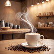 © wowyoung - Warm and charming scenes from coffee shops, steaming cups of coffee decorated with cream swirls on the table, steam swipes from cups, soft golden lights and coffee beans