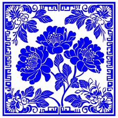 Fototapete - A white background featuring an antique floral geometric blue bandana pattern