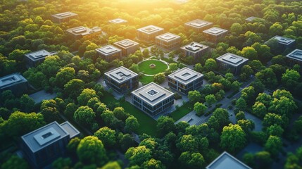 Poster - Corporate campus utilizing edge computing technology amid lush greenery at sunset