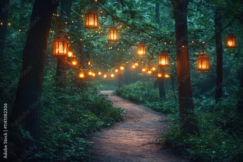Enchanted forest pathway illuminated by lanterns and fairy lights on a ...