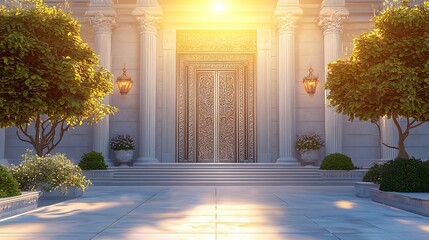 Poster - Ornate golden door entrance of a classical building at sunset.