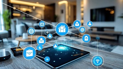 Poster - Smart home technology and connectivity showcased on a modern tablet in a stylish living room