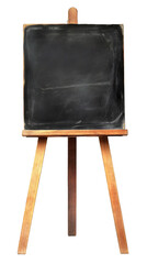 Poster - Black chalkboard on wooden easel isolated on transparent background, perfect for your message or design