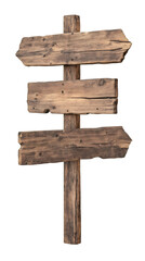 Poster - Weathered wooden signpost with three blank arrows pointing in different directions, isolated on a transparent background