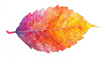 A watercolor cut-out style image of a vivid autumn leaf, vibrant hues of red, orange, and yellow, detailed veins and sharp edges, placed on a clean white background, intricate textures with slight pai