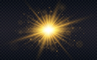 Wall Mural - glowing star. gold sunlight. explosion effect. flash with bright beams, glitter and bokeh. sun with 