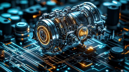 Poster - Futuristic engine on a circuit board.