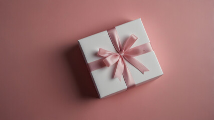 White gift box and soft pink ribbon on a pastel background. A simple yet elegant design, perfect for festive and romantic moments