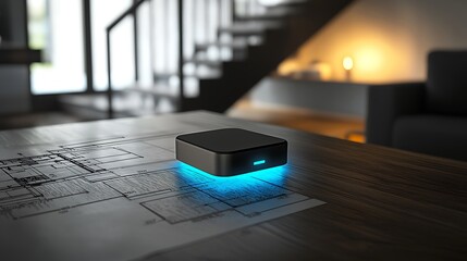 Poster - Smart home hub on blueprints, glowing blue light.
