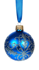 Aufkleber - Blue christmas ball with shiny silver decorations suspended by a blue ribbon on a clear backdrop, ideal for festive designs