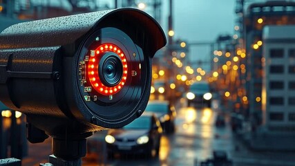 Poster - A surveillance camera captures urban activity during a rainy evening with city lights glowing