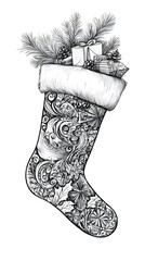 Poster - Christmas sock full of presents with winter floral decorations, hand drawn vector illustration isolated on transparent background