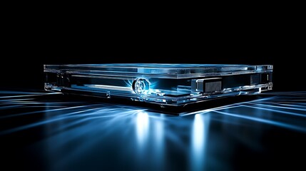 Poster - Transparent hard drive glowing blue on reflective surface.