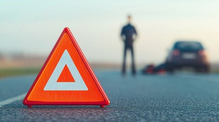 Red Emergency Triangle on Tranquil Roadside The red emergency triangle signals danger on the road concept.