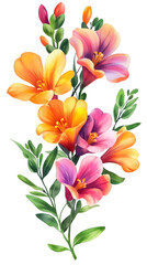 Poster - Vibrant bouquet of colorful freesia flowers and buds on a transparent background, ideal for floral design projects