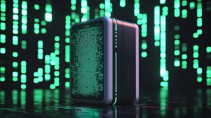 Poster - Futuristic data storage device with green digital background.
