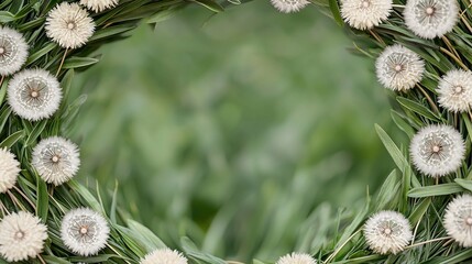 Serene Hour with Dandelions and Green Grass, Green summer meadow blooms at sunset concept.