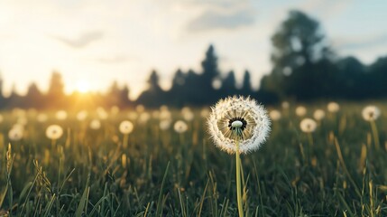 Tranquil Summer Meadow with Dandelions at Sunset, Green summer meadow blooms at sunset concept.