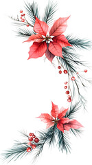 Poster - Festive watercolor border with poinsettia flowers, pine branches, and red berries on a transparent background
