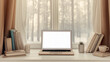 © Carmen - Open laptop mock up on window sill with winter scene in background