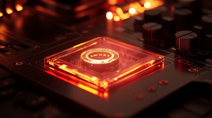 Poster - Illuminated central processing unit glowing in red on a circuit board.