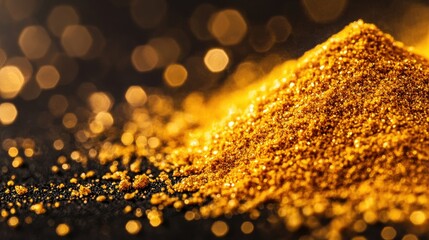 Poster - Sparkling Golden Dust Pile with Glittering Bokeh Background